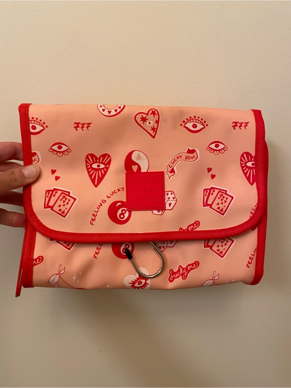 Pink Foldover Cosmetic Pouch with Red Trim - Lucky You Print